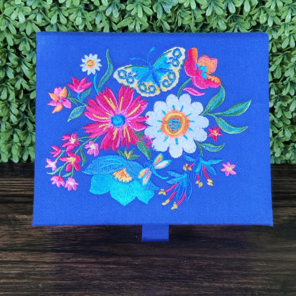 Brighton French Garden Jewelry Box Blue Embroidered Floral Butterfly D30279